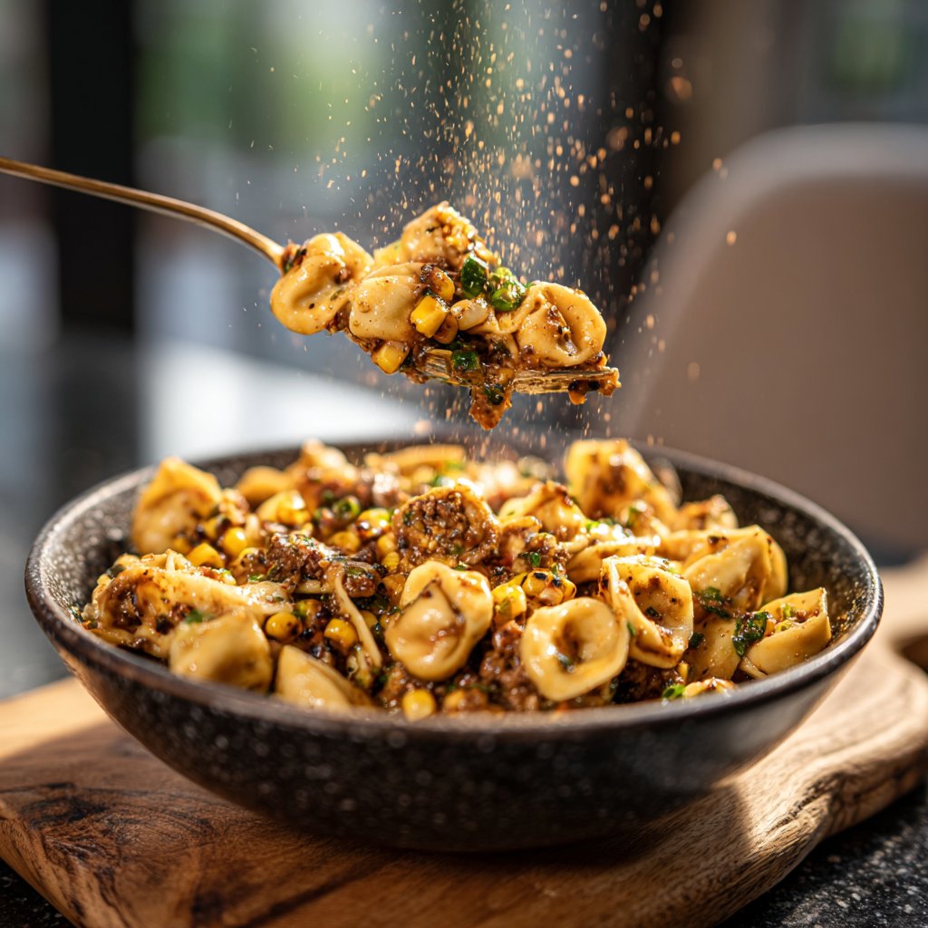 Garlic Steak Tortellini with Charred Corn